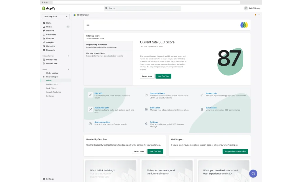 Shopify SEO dashboard displaying a site score of 87, tools for monitoring, editing, and improving SEO performance.