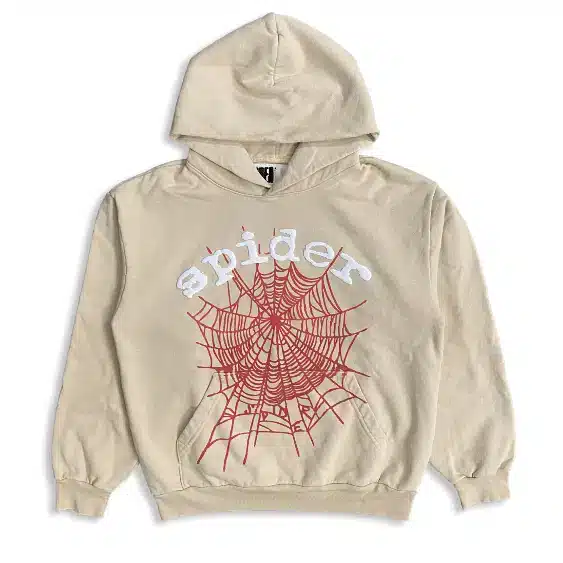 Beige hoodie with red spider web design and spider text, perfect for casual style and comfort.