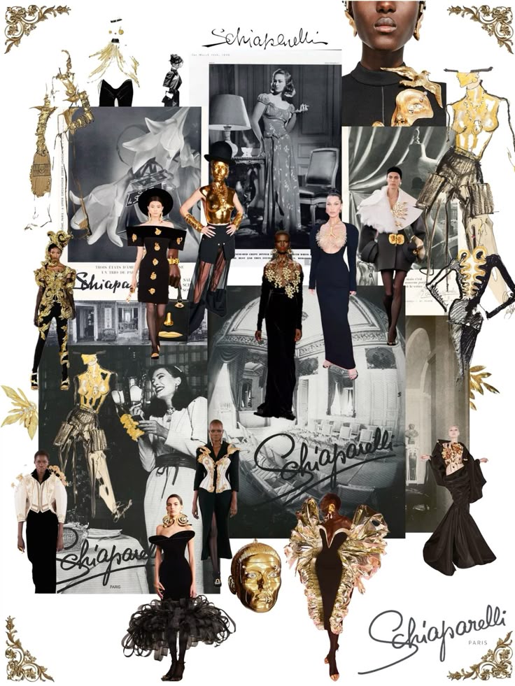 Fashion collage featuring Schiaparelli designs, showcasing bold gold accents, elegant gowns, and unique artistic elements.
