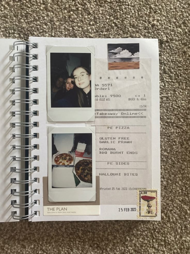 Scrapbook page with Polaroids, a pizza order receipt, and postage stamp highlighting a casual dining memory.
