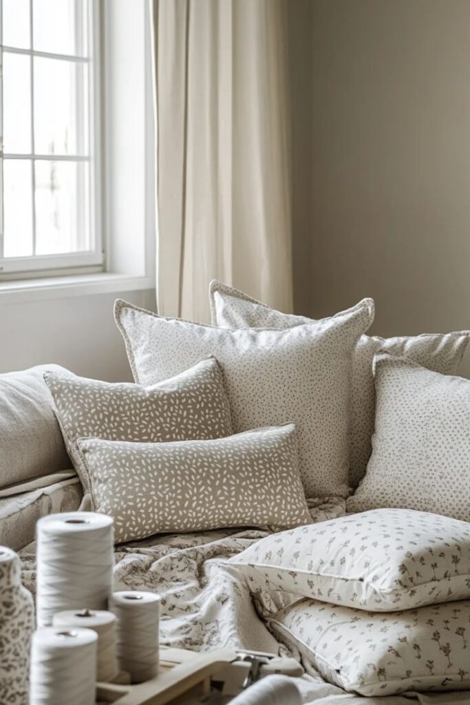 Sew Stylish Pillow Covers for Your Living Room Cozy beige living room with patterned throw pillows near a window, enhancing a serene, minimalist decor. | Sky Rye Design Cozy beige living room with patterned throw pillows near a window, enhancing a serene, minimalist decor.