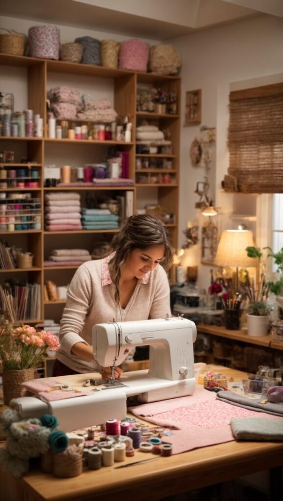 Woman sewing with a machine in a craft room, surrounded by colorful fabrics and threads.
