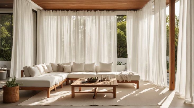 Modern living room with white curtains, cozy sectional sofa, and wooden coffee table in a sunlit, airy space.