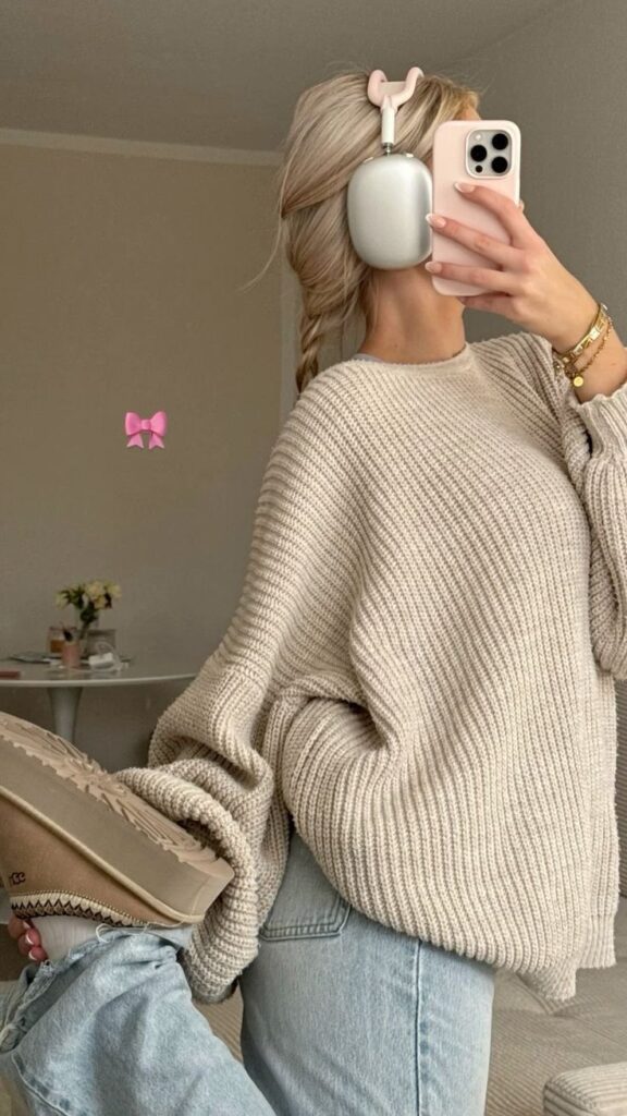 Shop recommended products from Estephanie Cruz on Fashionable woman in cozy sweater and jeans takes a mirror selfie with headphones and phone, showcasing casual fall style. | Sky Rye Design Fashionable woman in cozy sweater and jeans takes a mirror selfie with headphones and phone, showcasing casual fall style.