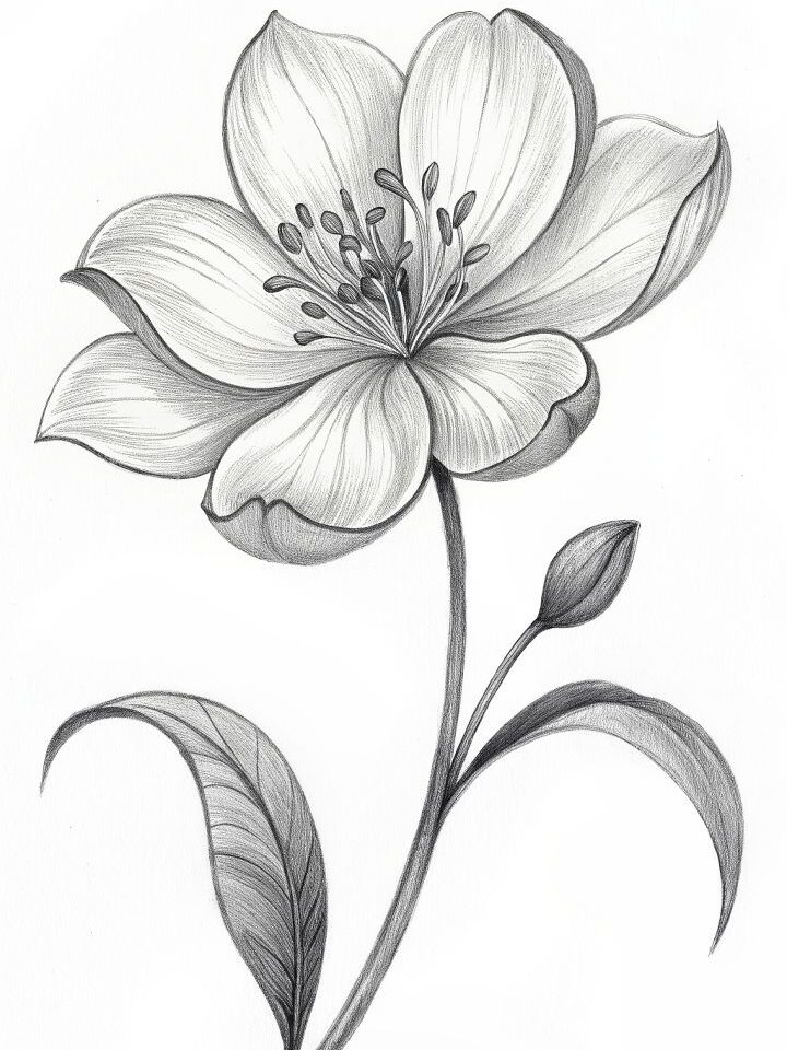 Detailed pencil drawing of a blooming flower with leaves, showcasing intricate petal textures and elegant lines.