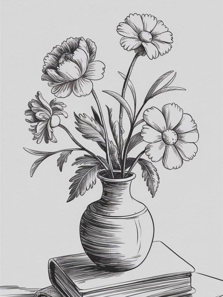 Illustration of a vase with flowers on stacked books, black-and-white line drawing.