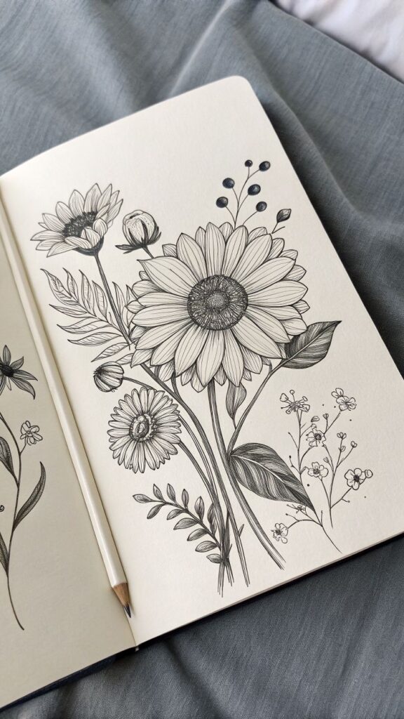 Intricate floral sketch in a notebook with a pencil on gray fabric background, showcasing detailed botanical art.