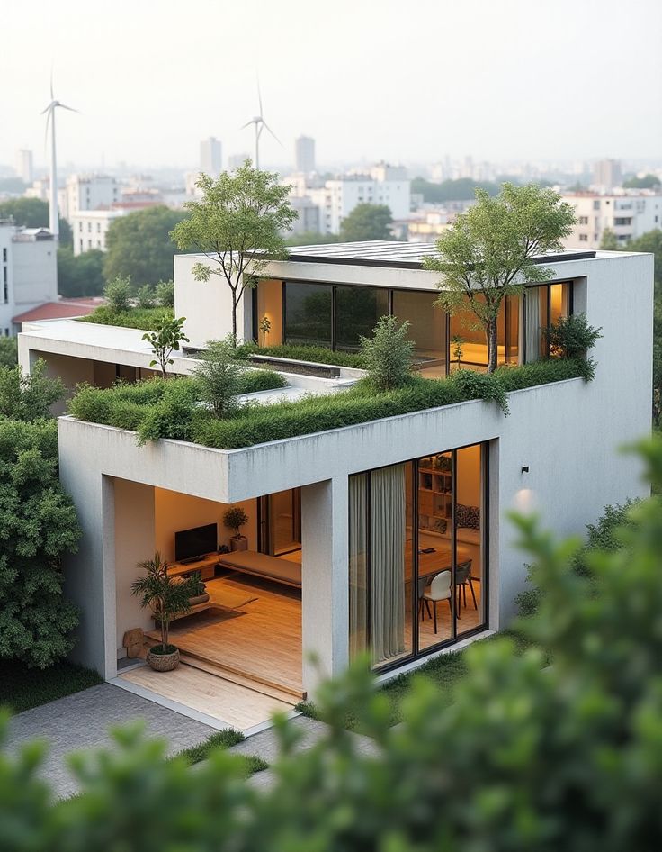 Modern eco-friendly house with green rooftop garden, large windows, and wind turbines in urban background.