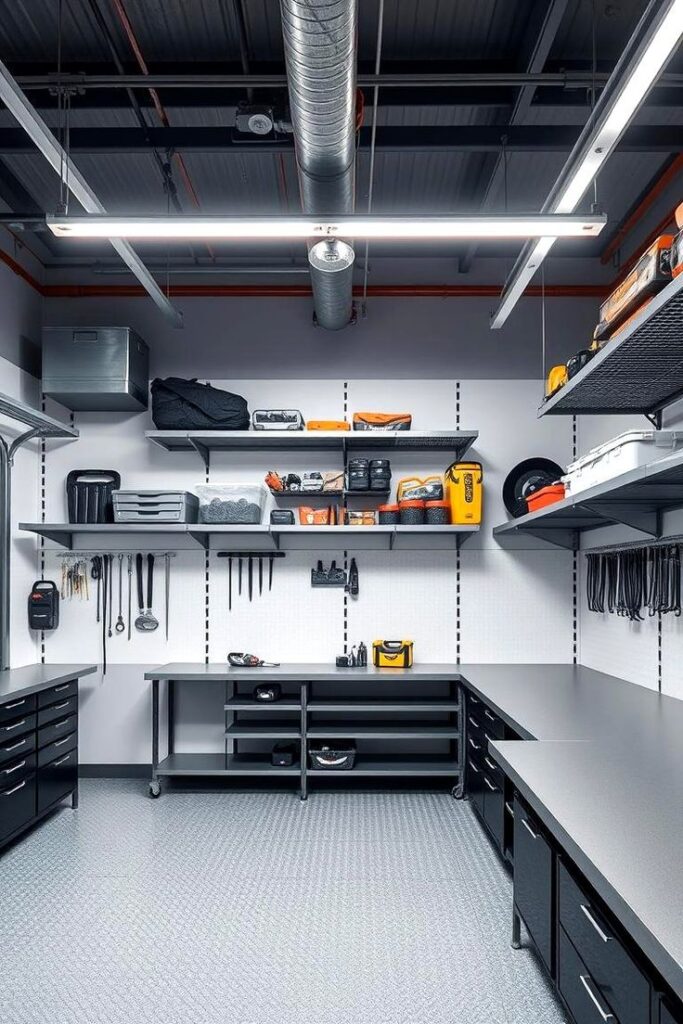 Modern garage with organized shelves, tools, and storage boxes, featuring sleek counters and overhead lighting.