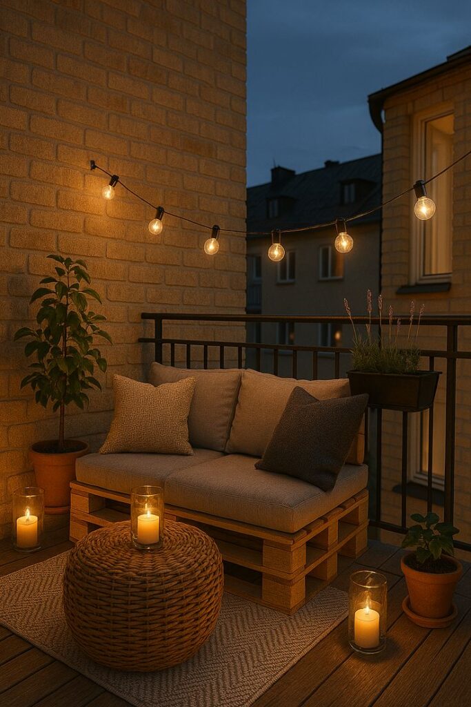 Cozy balcony with string lights, candles, and a pallet sofa, perfect for a relaxing evening atmosphere.