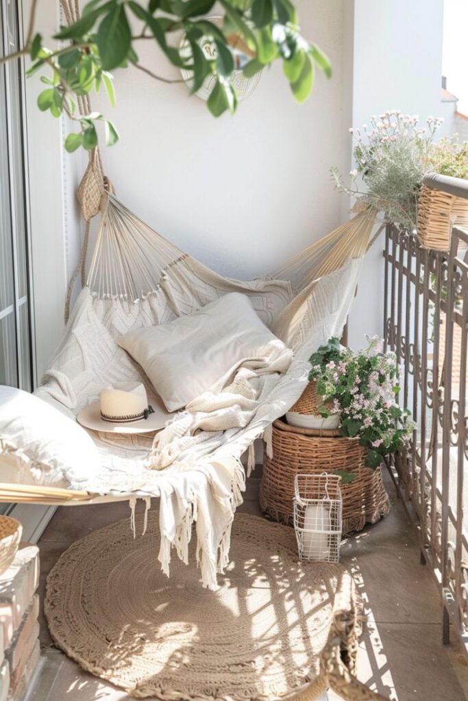 Cozy balcony with hammock, plants, and wicker accents, perfect for relaxation and enjoying a sunny day.