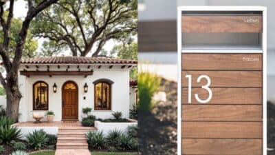 Charming white house with wooden mailbox labeled 13, surrounded by greenery and large trees.