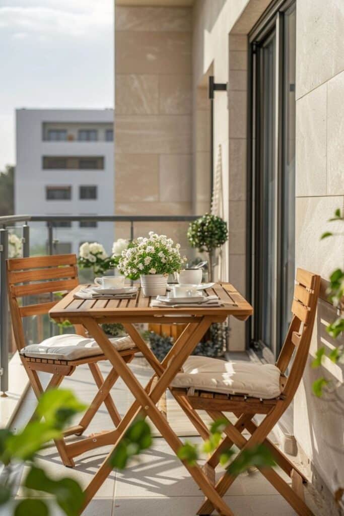 Cozy balcony with wooden table set, chairs, and potted flowers, perfect for outdoor relaxation and dining.