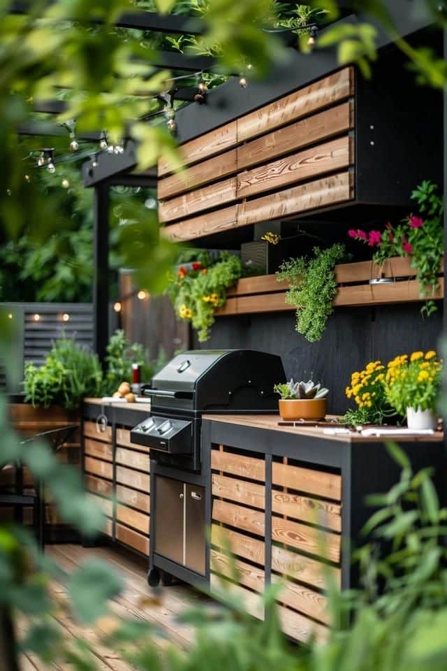 Outdoor kitchen with a black grill, wood cabinets, and lush plants, creating a cozy and inviting cooking space.