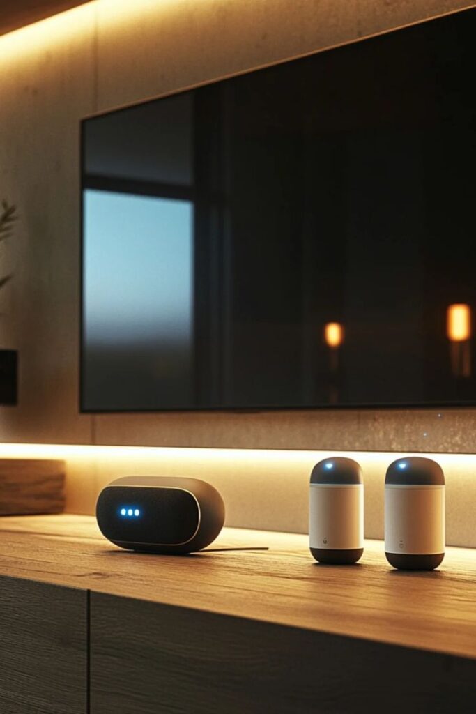 Modern living room with smart speakers on wooden shelf, LED lighting, and minimalist decor.