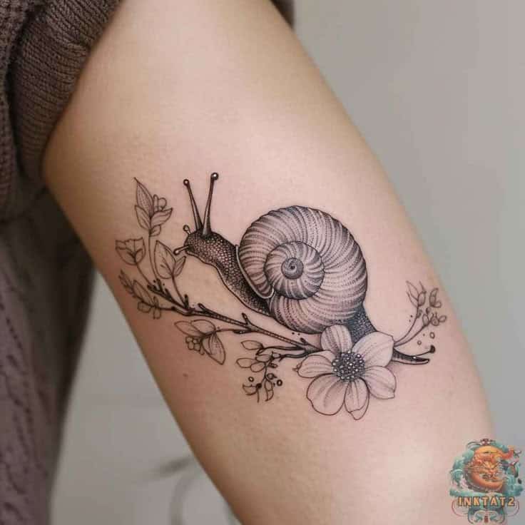 Detailed snail tattoo on arm with floral accents, showcasing intricate design and nature theme.