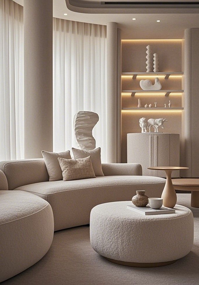 Modern minimalist living room with beige sofa, round ottoman, and decorative shelves. Neutral tones and soft lighting.
