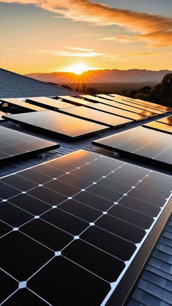 Solar panels on a roof at sunset, generating renewable energy with a scenic mountain backdrop.