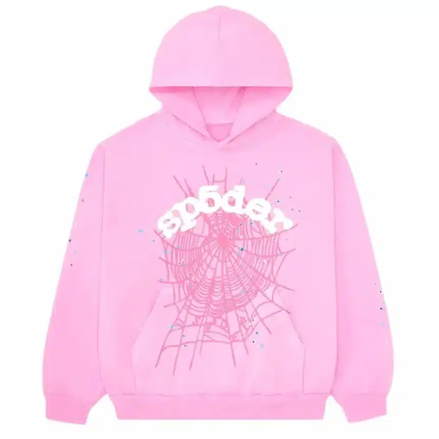 Pink hoodie with a spider web design and playful sp5der text. Trendy fashion statement for casual wear.