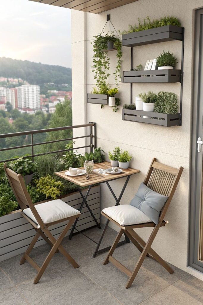 Cozy modern balcony with greenery, a small wooden table, and chairs, offering urban outdoor relaxation with scenic views.