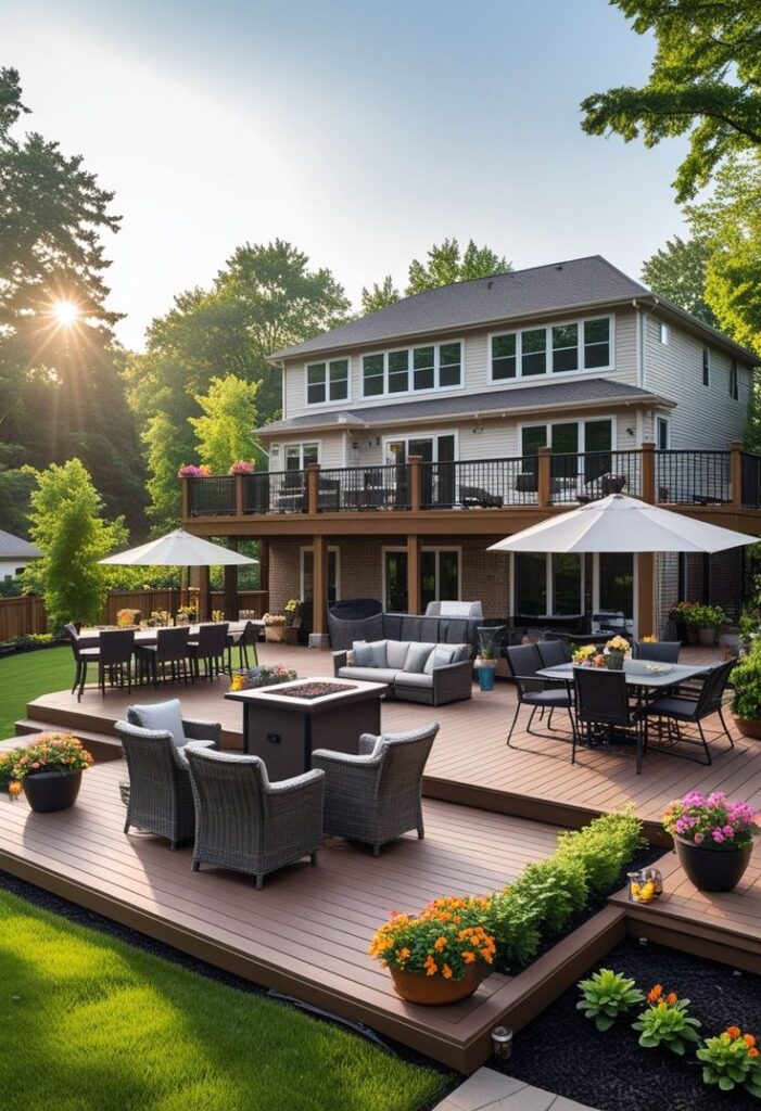 Modern backyard patio with outdoor furniture, garden, and sunlit view, perfect for relaxation and entertaining.