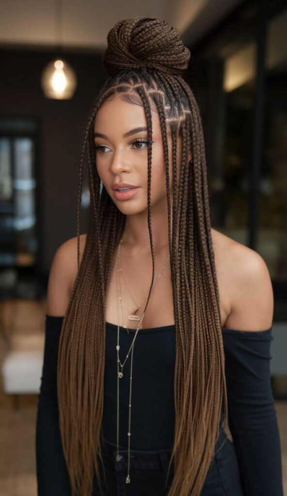 Woman wearing intricate braided hairstyle with top bun in a modern setting.