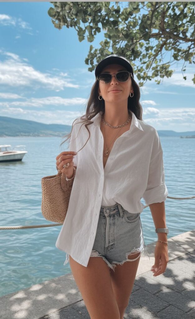 Woman in casual summer outfit and sunglasses walking by a lake, holding a woven bag.