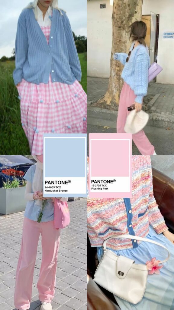 Fashion outfits in pastel Pantone colors: Nantucket Breeze and Flushing Pink, styled with sweaters and skirts.