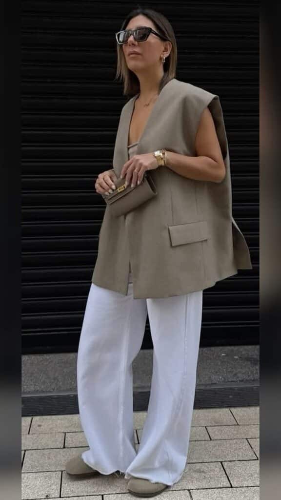 Stylish woman in oversized beige vest and white pants, holding a clutch, wearing sunglasses, standing outdoors.