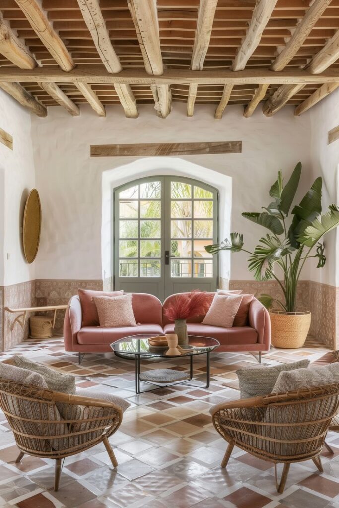 Cozy living room with pink sofa, wooden ceiling, large window, and tropical plants. Stylish, inviting interior design.
