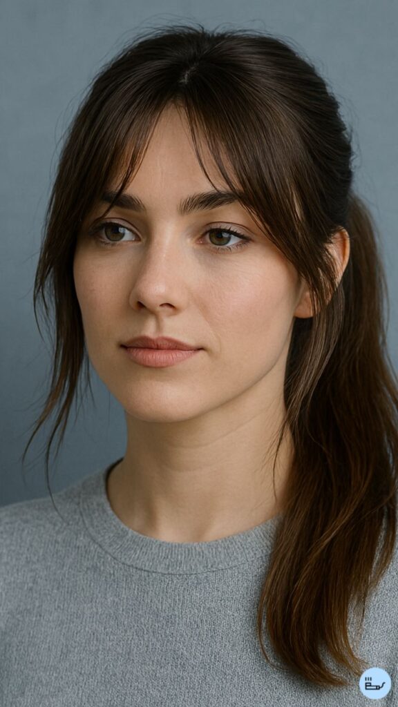 Portrait of a woman with long brown hair in a ponytail, wearing a gray sweater, looking forward.