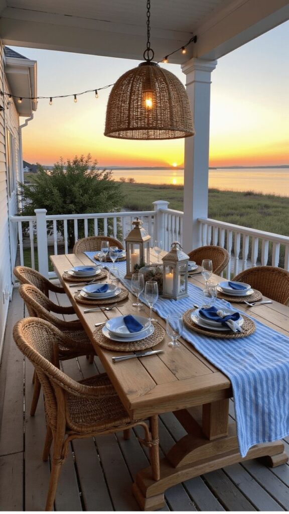 Elegant outdoor dining setup on a veranda overlooking a scenic sunset, with wicker chairs and lanterns.