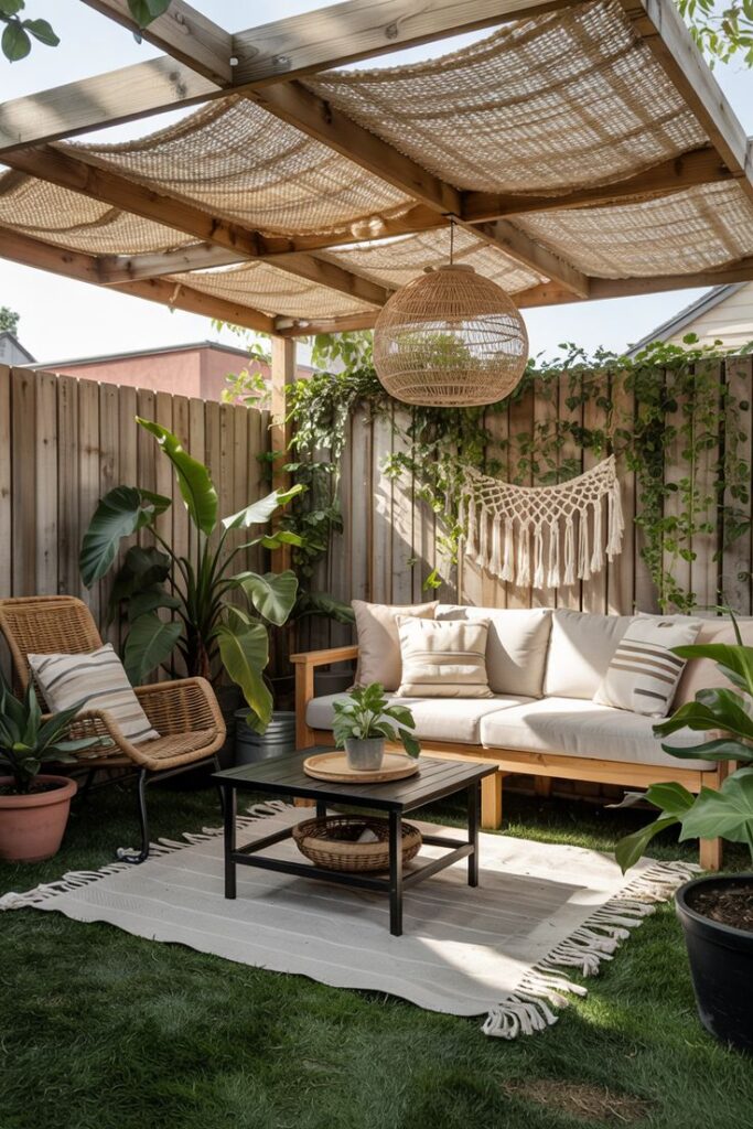 Cozy outdoor patio with wooden pergola, sofa, wicker chair, lush plants, and boho decor in a backyard setting.