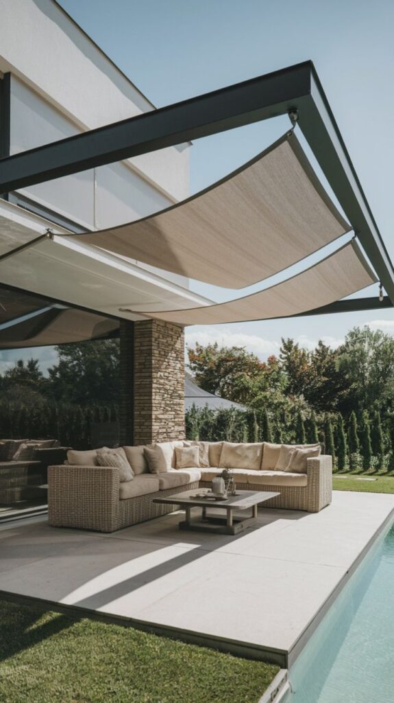 Modern patio with wicker sofa, sunshade, and poolside view. Perfect outdoor relaxation space.