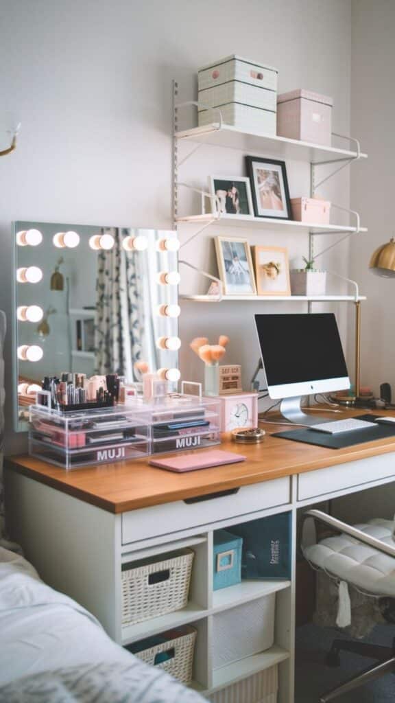 Vanity desk setup with mirror lights, computer, makeup, and storage, perfect for a stylish and organized workspace.