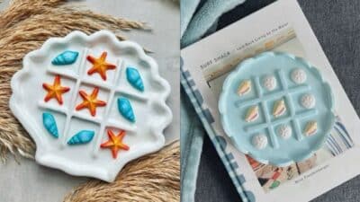 Seashell-themed tic-tac-toe boards with starfish and shell pieces on a cozy surface, perfect for beach-inspired decor.