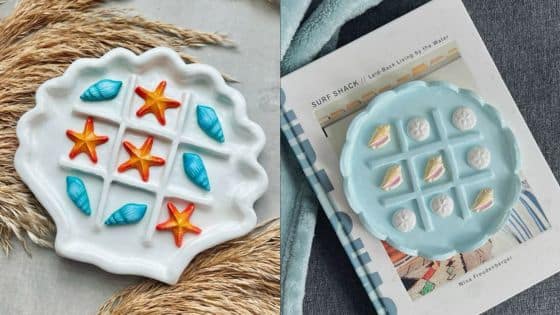 Summer DIY Projects with Clay Seashell-themed tic-tac-toe boards with starfish and shell pieces on a cozy surface, perfect for beach-inspired decor. | Sky Rye Design Seashell-themed tic-tac-toe boards with starfish and shell pieces on a cozy surface, perfect for beach-inspired decor.