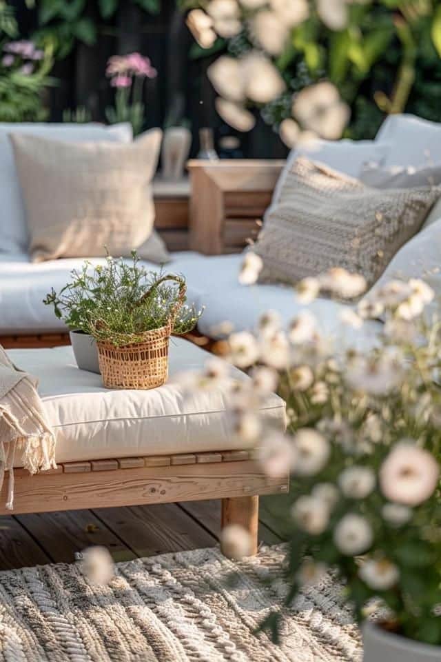 Cozy patio with cushions, lush greenery, and a woven basket plant, creating a tranquil outdoor seating area.