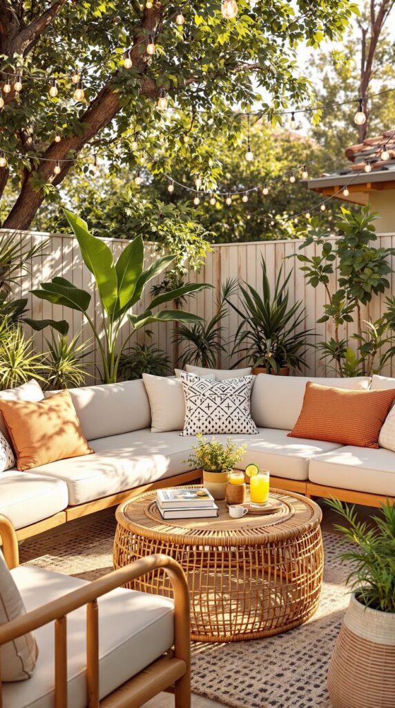 Summer Patio Vibes 1_ Cozy Summer Backyard Patio Ideas for Relaxing Outdoor Living Cozy outdoor patio with rattan furniture, plants, and hanging lights under a tree for a perfect summer evening. | Sky Rye Design Cozy outdoor patio with rattan furniture, plants, and hanging lights under a tree for a perfect summer evening.