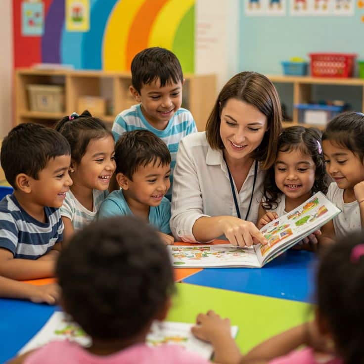 Teacher reading a book to a group of smiling children in a colorful classroom.