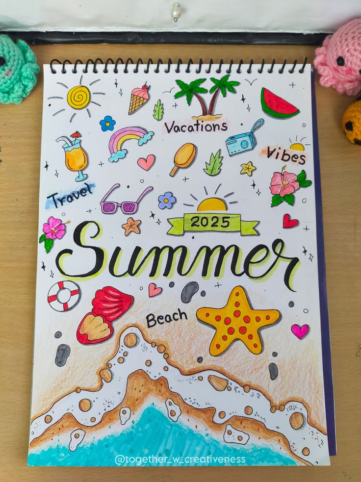 Colorful 2025 summer doodle with beach, vacations, travel, and good vibes themes on a notebook page.