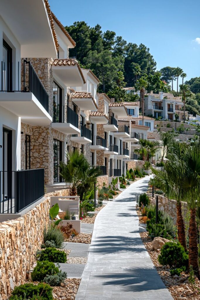Mediterranean-style villas with stone facades and lush landscaping along a sunlit path.