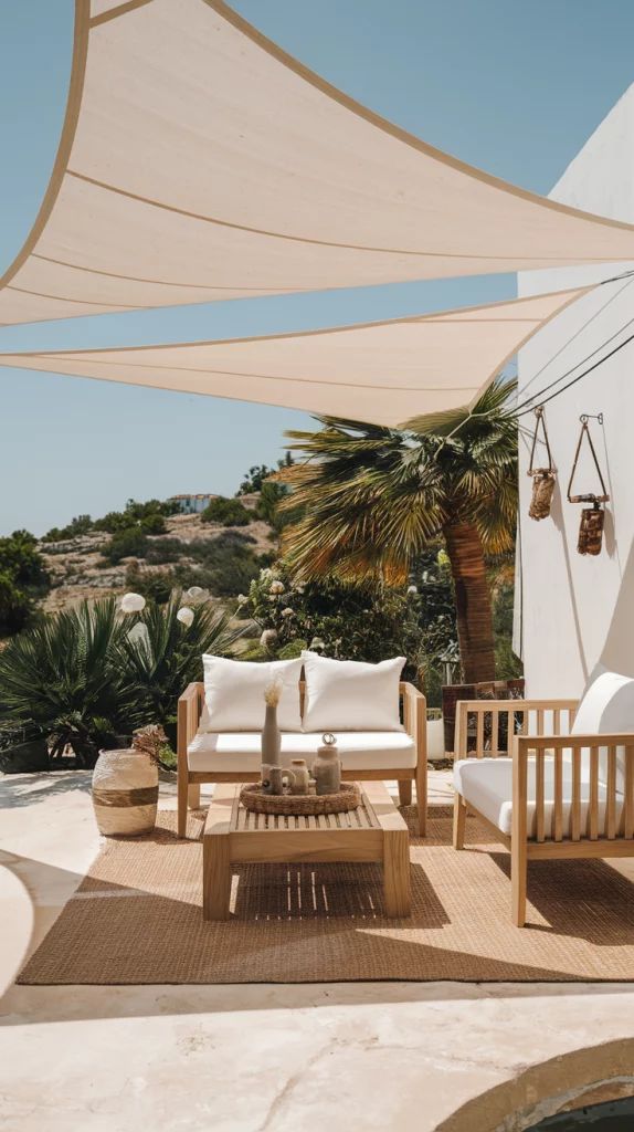 Sunny outdoor patio with wooden furniture, white cushions, palm trees, and shade sails, creating a relaxing ambiance.