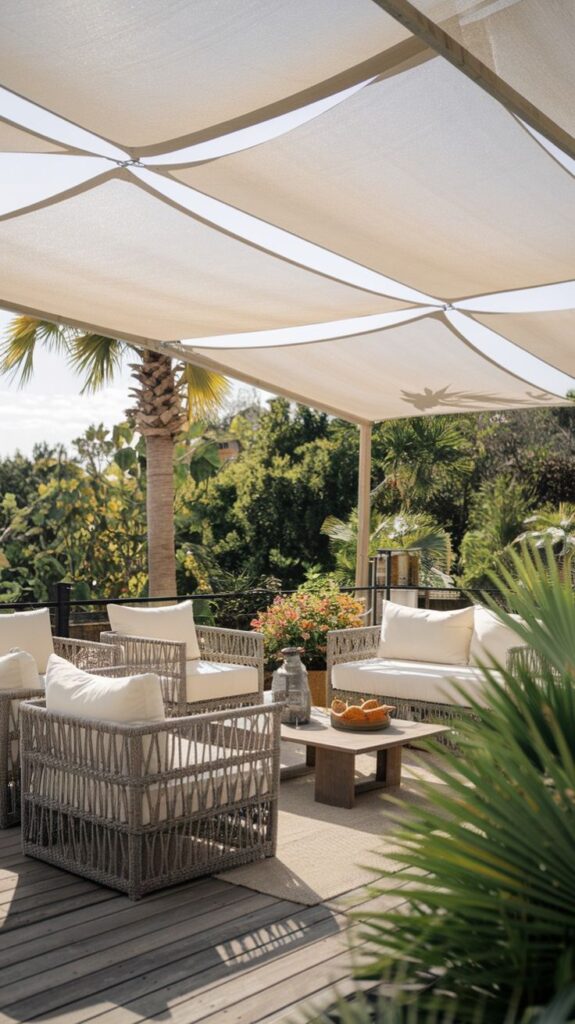Outdoor patio with wicker furniture, shaded seating, lush greenery, and a modern sunshade for relaxation.