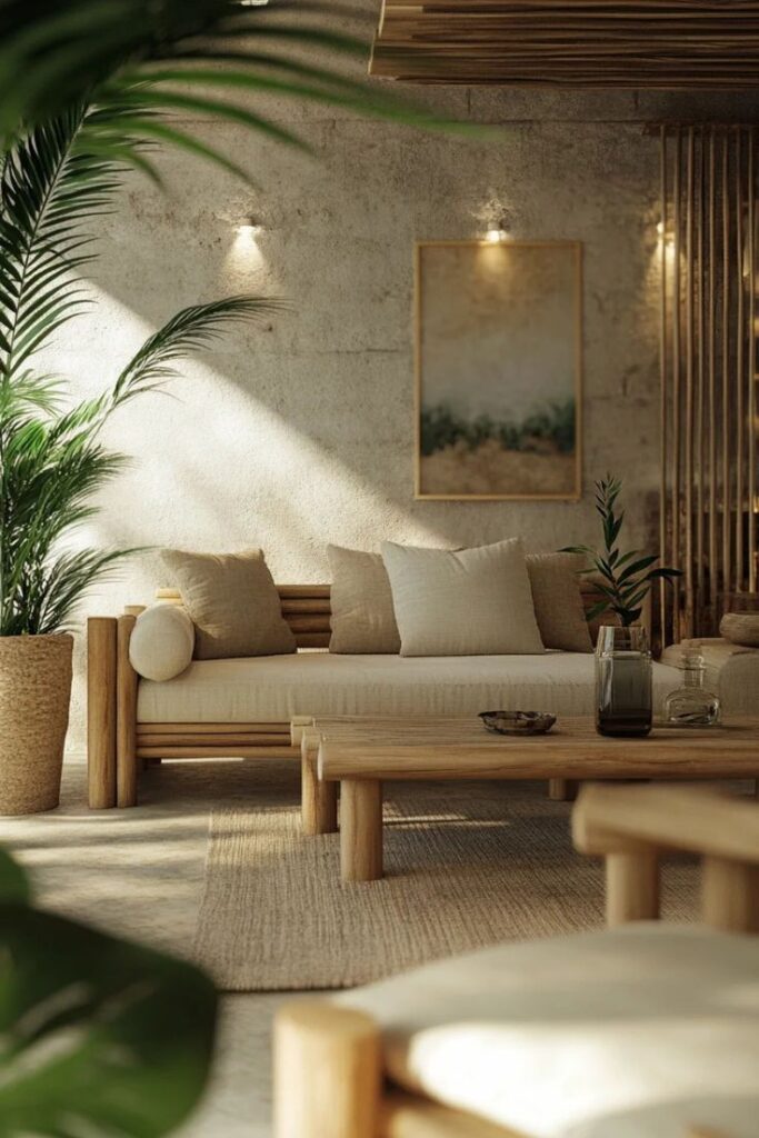 Cozy living room with natural wood furniture, indoor plants, and ambient lighting creating a serene atmosphere.