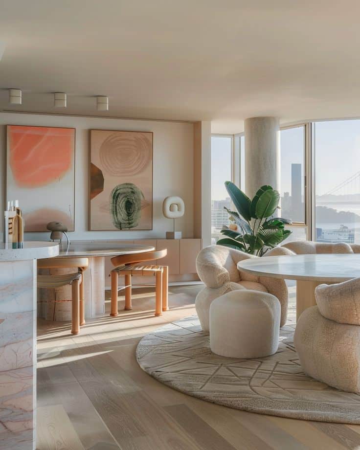 Modern living room with abstract art, cozy chairs, plants, and city view through large windows. Minimalist design theme.