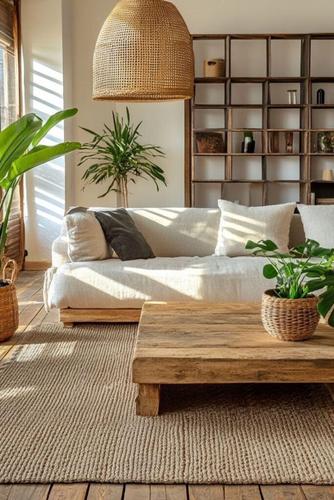 Cozy living room with white sofa, wooden coffee table, wicker decor, and green plants in natural light.