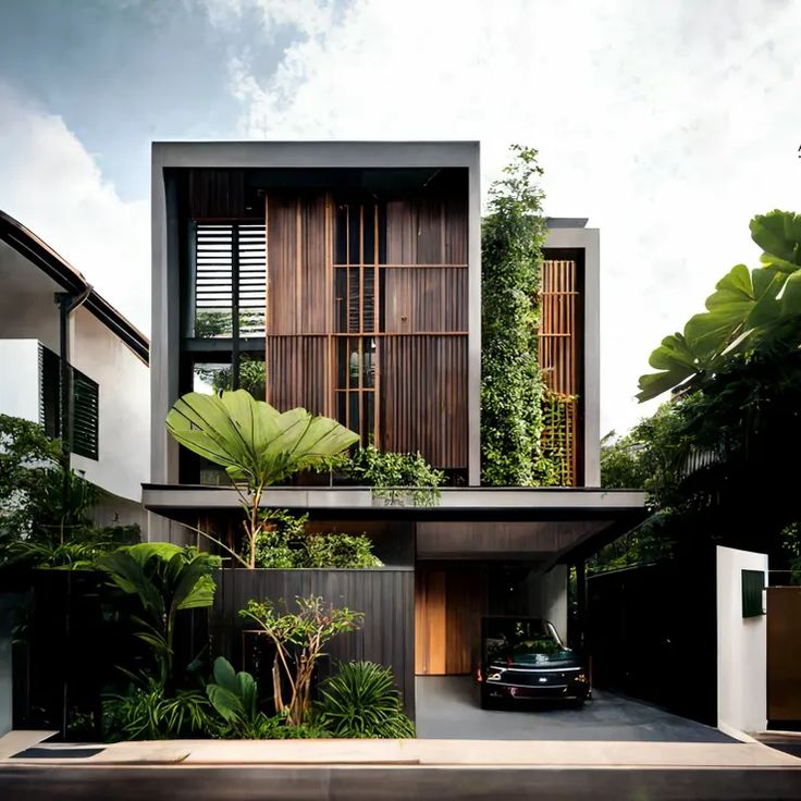 Modern eco-friendly house with vertical garden and sleek wood paneling, featuring a car in the driveway.