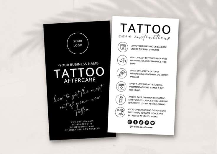 Tattoo aftercare guide with steps for cleaning and maintaining new tattoos, including washing, ointment, and sun protection.