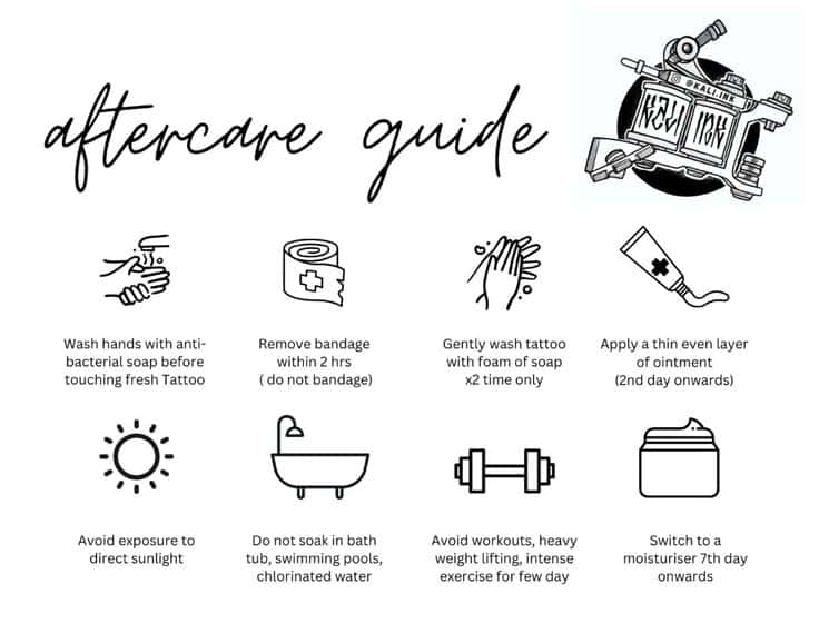 Tattoo aftercare guide: wash with soap, avoid sunlight, no baths, apply ointment, exercise caution, moisturize after 7 days.